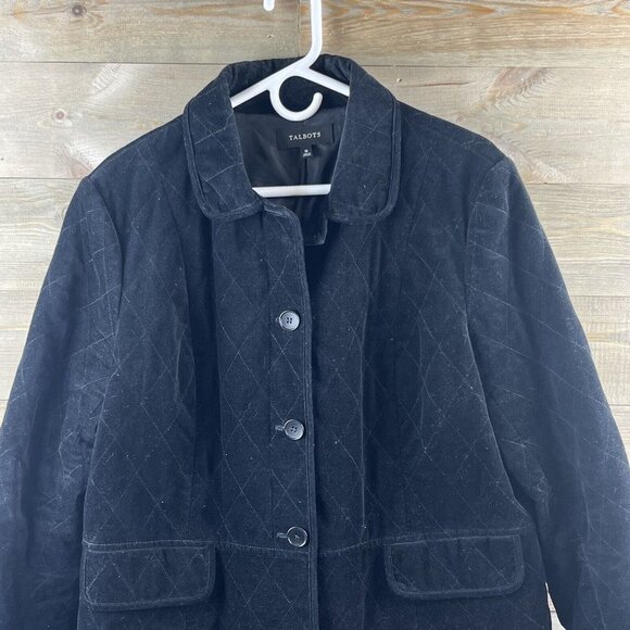 Talbots Womens Jacket Quilted Velour Button Up Faux Pockets Black Elegant 16 - Picture 2 of 6